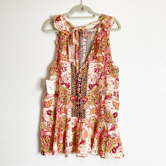 FREE PEOPLE SUMMER IN TULUM LINEN BLEND TUNIC PEBLUM PINK FLORAL mini dress/TOP - Picture 11 of 16